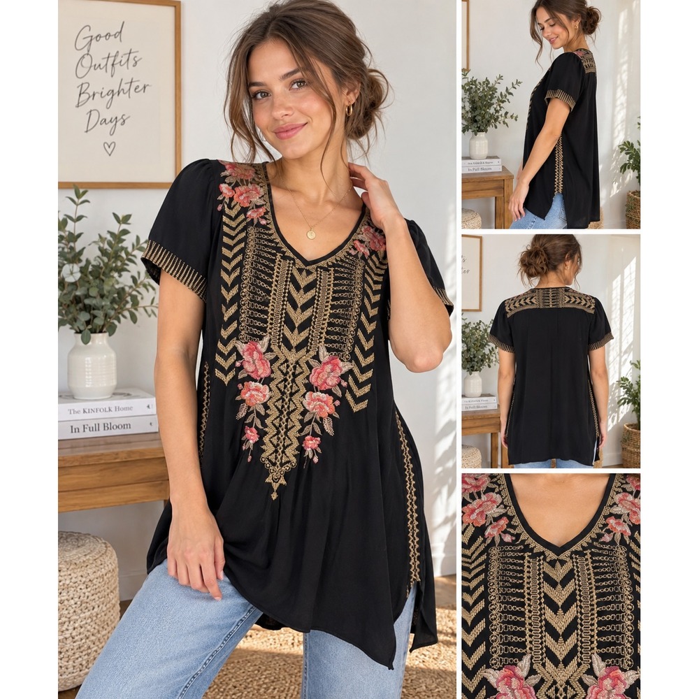 Johnny Was Womens S Top Tunic Black Floral Embroidered Boho Short Sleeve V Neck